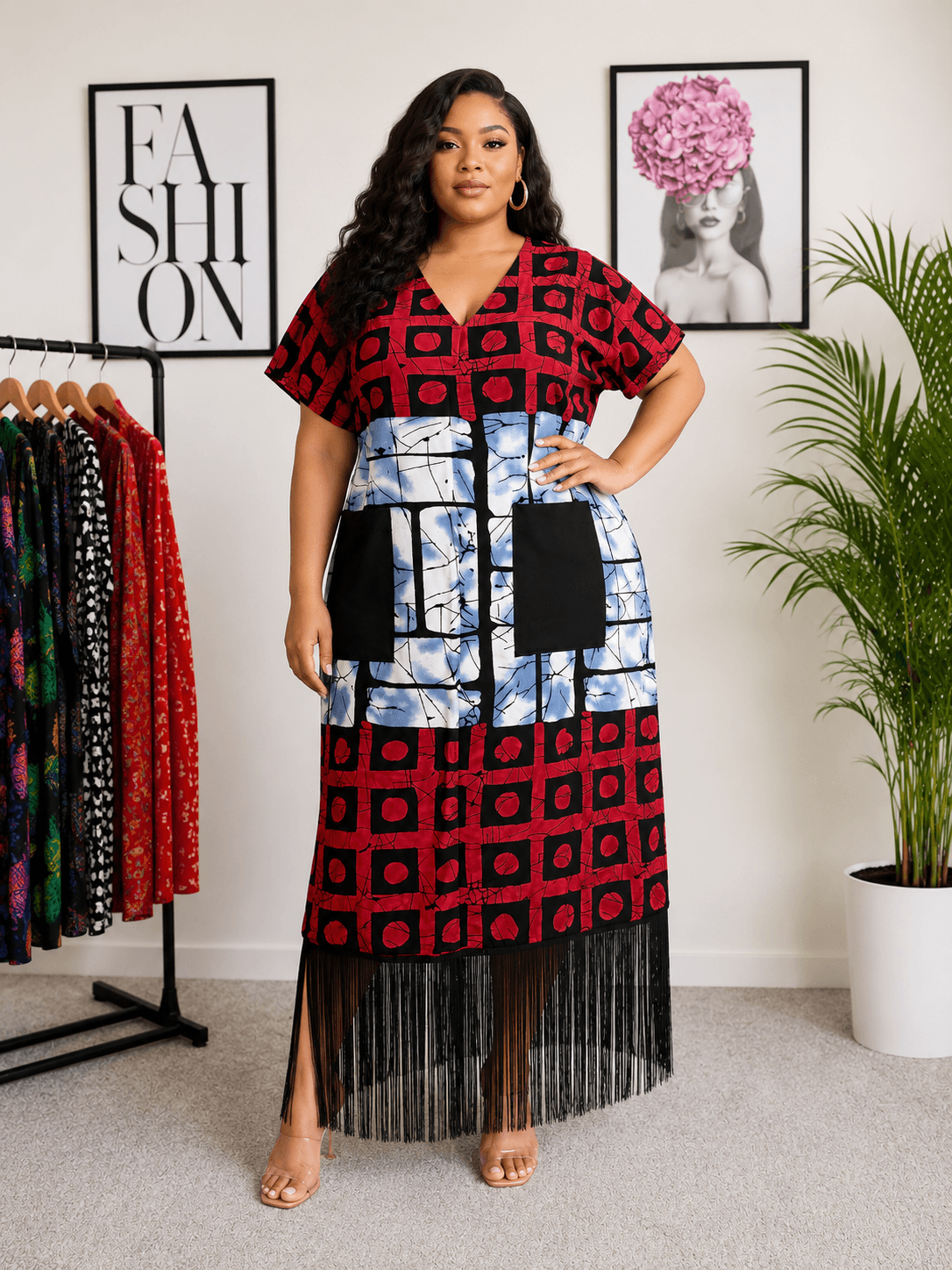 Classic Ankara Fringe Gown designed with Pocket