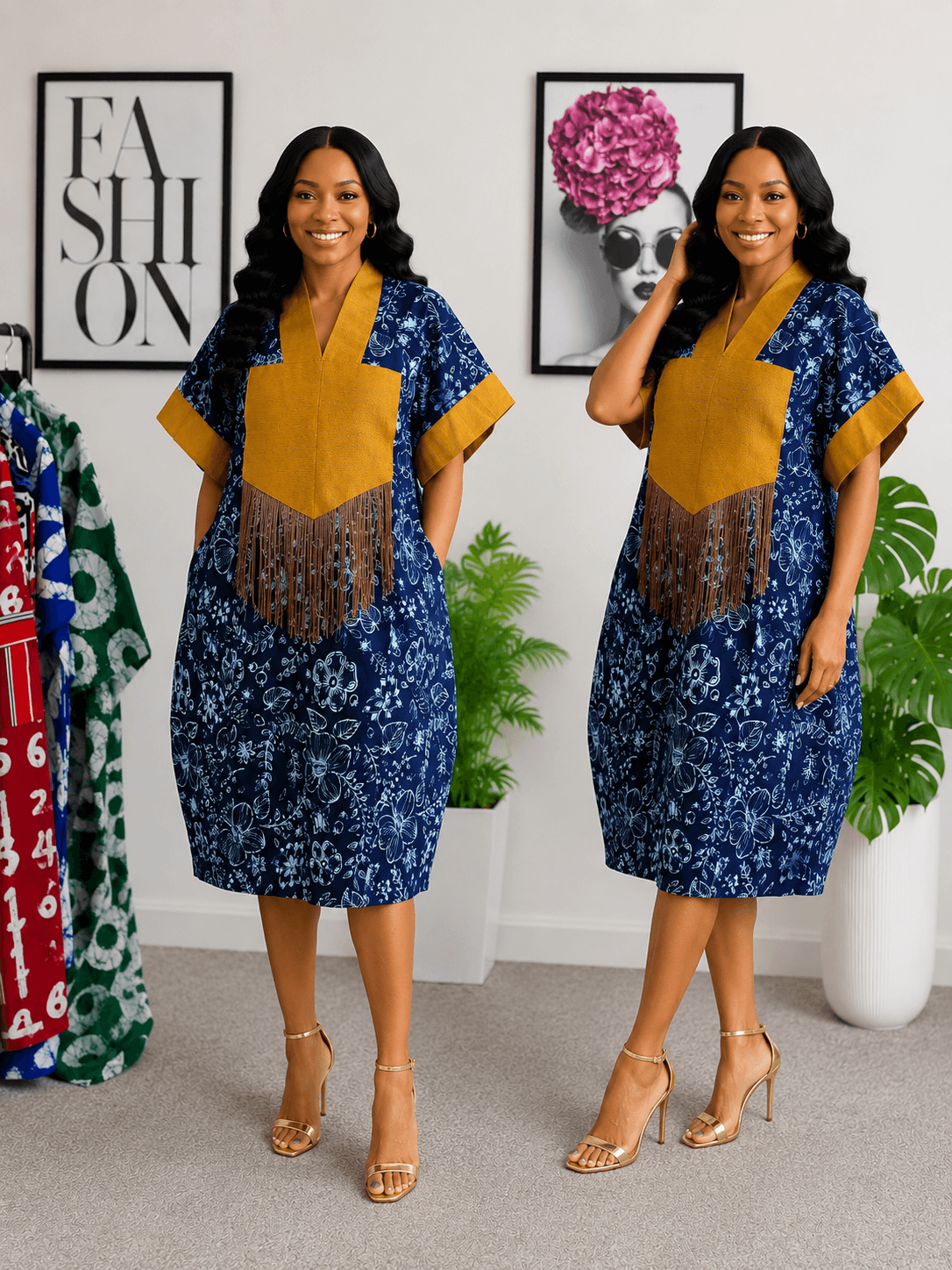 Premium Ankara Short Gown with Aso Oke & Fringe