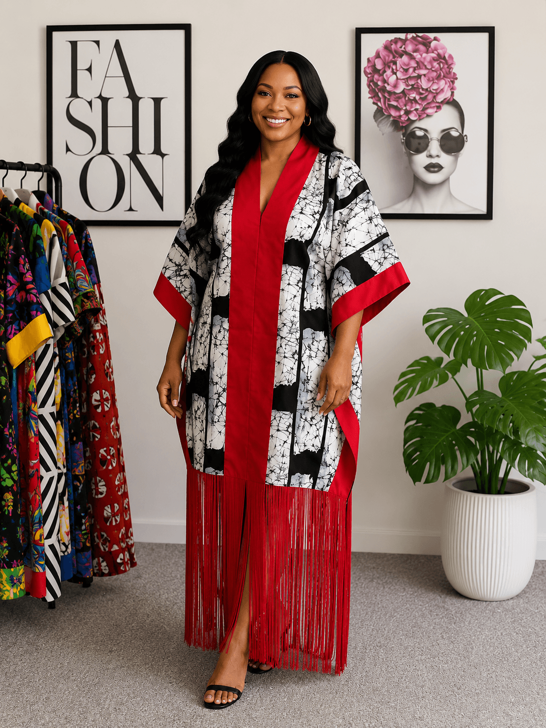 Classic Ankara Fringe Gown designed with Plain Cotton