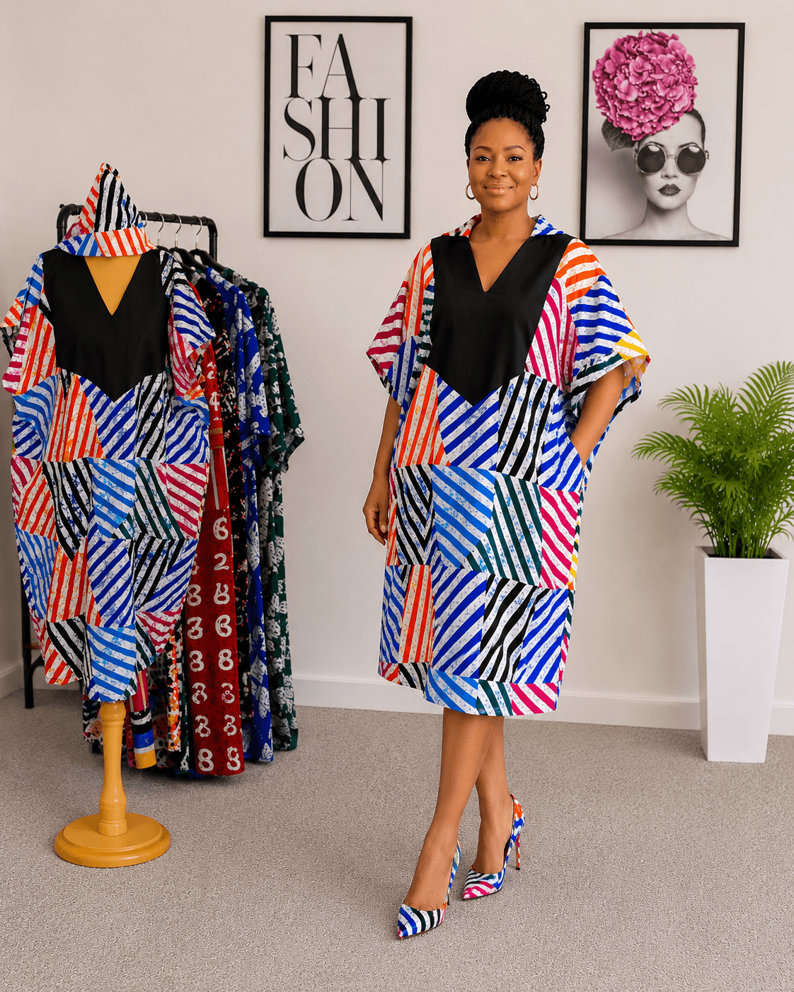 Premium Ankara Short Gown with Plain Cotton