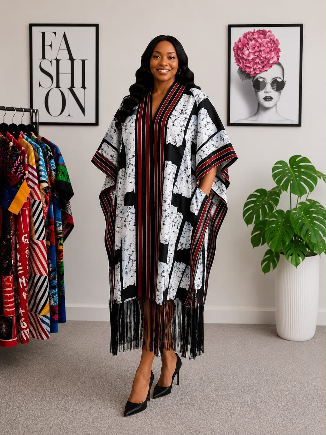 Classic Ankara Fringe Gown designed with Aso oke
